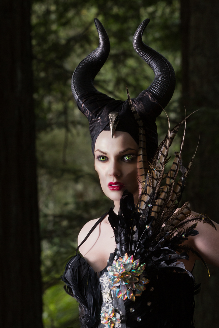 Maleficent with black dress and pheasant feathers