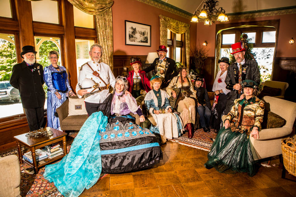 steampunk wedding guests in a luxury lodge in Oamaru